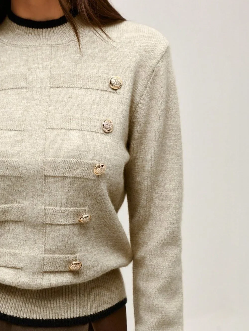 Khaki Casual Women's Contrast Trim Half-High Neck Gold Button Knit Sweater